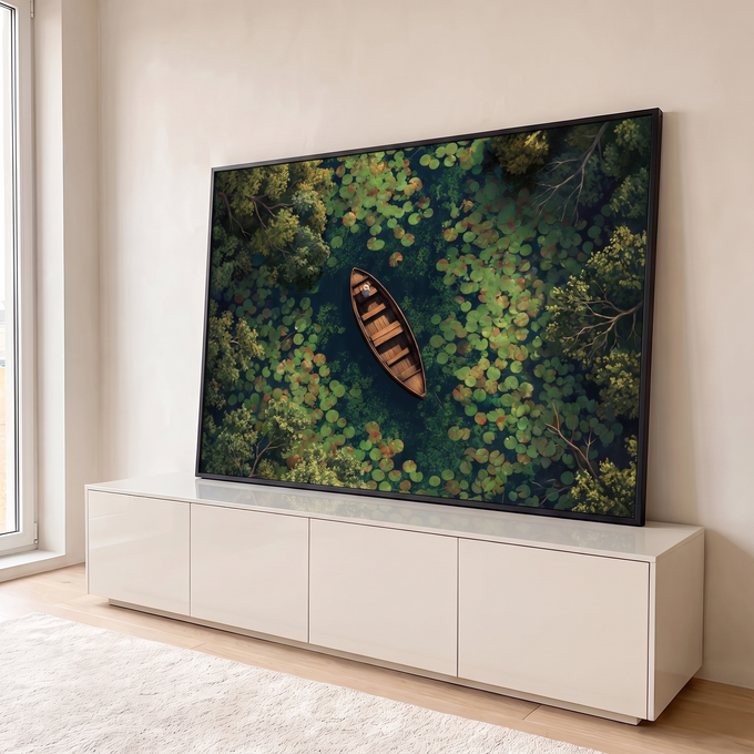 Quadro Decorativo Grande Canoa de Madeira para Sala Verde | quadros decorativos para sala | canoa de madeira em lagoa com lírios d'água vista de cima | em Quadros para Sala | Porao dos Quadros