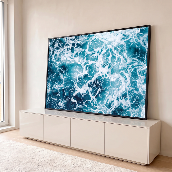 Quadro Decorativo Grande Ondas do Mar para Sala Azul | quadros decorativos para sala | vista aérea do mar com espuma branca formando padrões sobre água azul turquesa | em Quadros para Sala | Porao dos Quadros