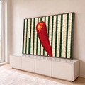 Quadro Decorativo Grande Pimenta Vermelha para Área Gourmet | quadros decorativos para sala | pimenta vermelha em mosaico com cabo verde sobre fundo listrado verde e bege | em Quadros para Área Gourmet | Porao dos Quadros