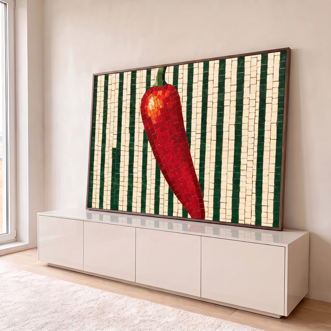 Quadro Decorativo Grande Pimenta Vermelha para Área Gourmet | quadros decorativos para sala | pimenta vermelha em mosaico com cabo verde sobre fundo listrado verde e bege | em Quadros para Área Gourmet | Porao dos Quadros