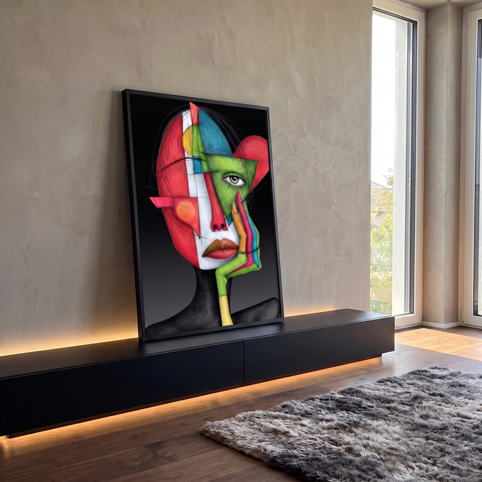 Rosto de mulher cubista em blocos vermelho, verde e azul, mão no rosto, fundo preto, quadro decorativo