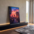 Moinhos de vento de pedra iluminados, café ao ar livre e céu laranja e roxo ao pôr do sol, quadro decorativo