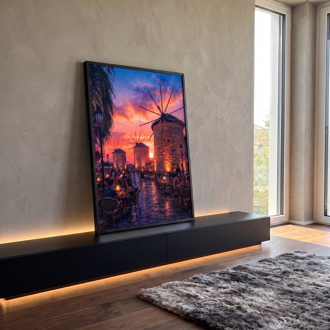 Moinhos de vento de pedra iluminados, café ao ar livre e céu laranja e roxo ao pôr do sol, quadro decorativo