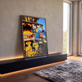 Banca de limões, laranjas e alho pendurado diante do mar azul da Costa Amalfitana, quadro decorativo