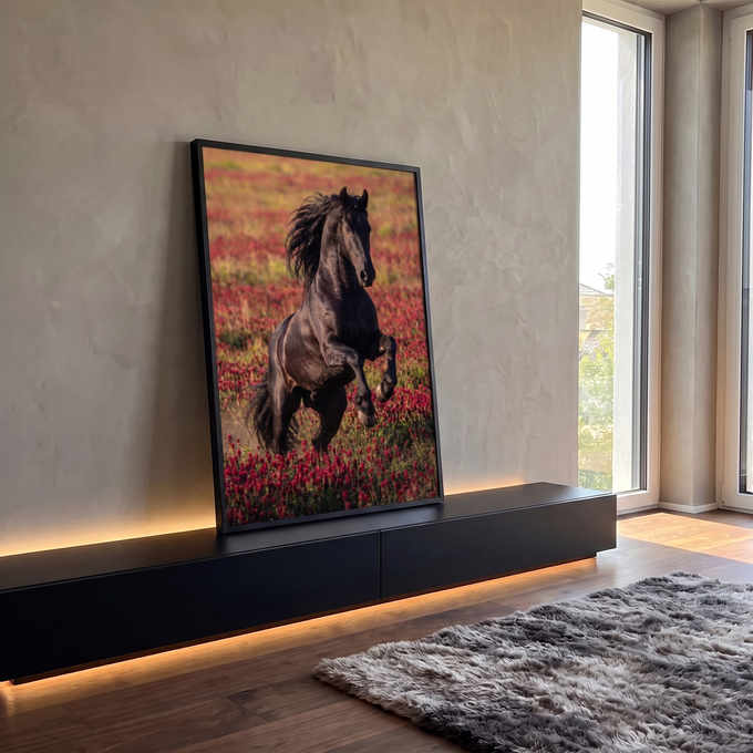 Quadro Decorativo Cavalo Negro em Campo de Flores Vermelhas | quadros decorativos para sala | cavalo preto empinado em campo de flores vermelhas com crina ao vento | em Quadros para Sala | Porao dos Quadros