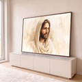 Quadro Decorativo Grande Jesus Cristo Manto Bege para Sala | quadros decorativos para sala | retrato em aquarela de Jesus Cristo com manto bege e olhar sereno | em Quadros para Sala | Porao dos Quadros