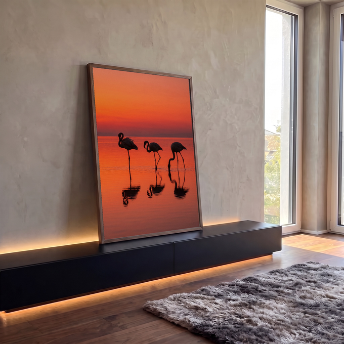 Quadro Decorativo Grande Flamingos em Silhueta para Sala | quadros decorativos para sala | três flamingos em silhueta contra céu laranja de pôr do sol refletidos na água | em Quadros para Sala | Porao dos Quadros