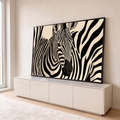 Quadro Decorativo Grande Zebra em Close para Sala Preto | quadros decorativos para sala | close de zebra com listras pretas e fundo bege em estilo gráfico | em Quadros para Sala | Porao dos Quadros
