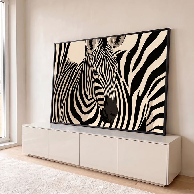 Quadro Decorativo Grande Zebra em Close para Sala Preto | quadros decorativos para sala | close de zebra com listras pretas e fundo bege em estilo gráfico | em Quadros para Sala | Porao dos Quadros