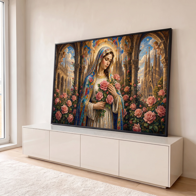 Nossa Senhora em mosaico segurando rosas cor-de-rosa, querubins e catedral gótica ao fundo, quadro decorativo