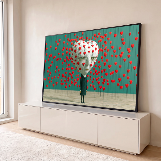 Figura de terno com cabeça de coração rachado entre corações vermelhos suspensos, fundo verde quadro decorativo