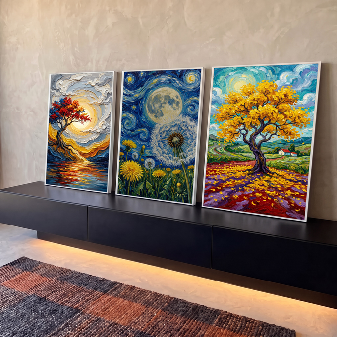Quadro Decorativo Kit 3 Telas Árvores e Noite para Sala | quadros decorativos para sala | tríptico de árvores coloridas, céu estrelado e dente-de-leão em estilo impressionista | em Quadros para Sala | Porao dos Quadros