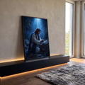 Quadro Decorativo Grande Jesus em Oração Azul para Sala | quadros decorativos para sala | homem ajoelhado em oração sob feixe de luz azul entre oliveiras à noite | em Quadros para Sala | Porao dos Quadros