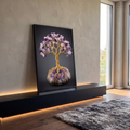 Quadro Decorativo Grande Árvore da Vida para Sala Roxo | quadros decorativos para sala | árvore de fio dourado com folhas de ametista e quartzo rosa sobre cristal bruto | em Quadros para Sala | Porao dos Quadros