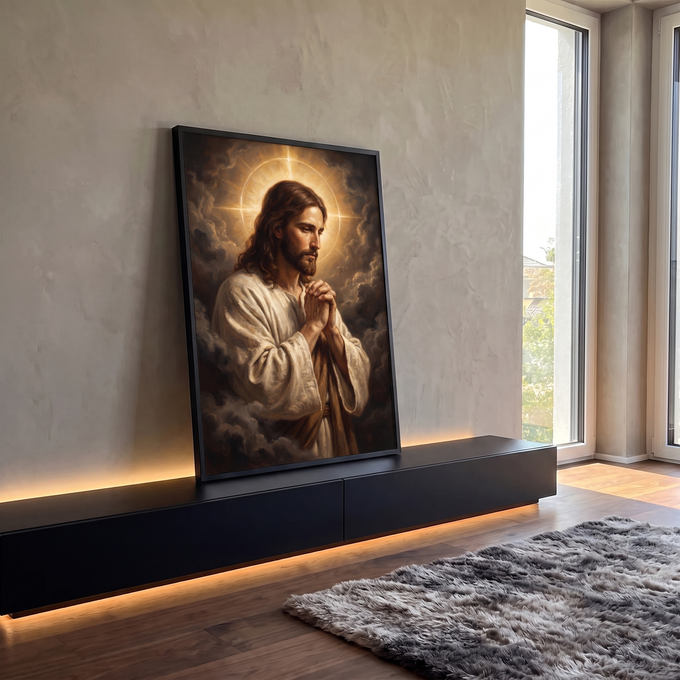 Quadro Decorativo Grande Jesus em Oração para Sala | quadros decorativos para sala | Jesus Cristo em oração com auréola dourada e mãos unidas, fundo de nuvens | em Quadros para Sala | Porao dos Quadros