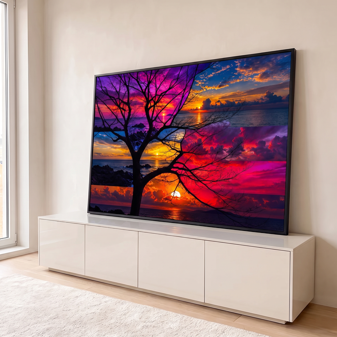 Quadro Decorativo Grande Árvore Silhueta para Sala Roxo | quadros decorativos para sala | silhueta de árvore sem folhas contra céu em faixas de pôr do sol roxo laranja e vermelho | em Quadros para Sala | Porao dos Quadros