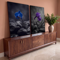 Quadro Decorativo Kit 2 Telas Orquídea e Íris para Sala Azul | quadros decorativos para sala | orquídea azul e íris roxa sobre pedras vulcânicas em fundo preto e branco | em Quadros para Sala | Porao dos Quadros
