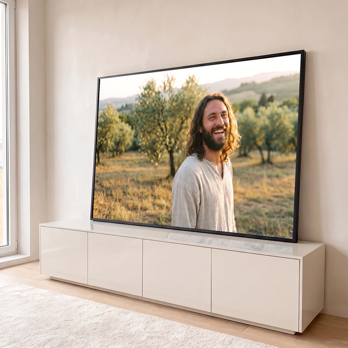 Jesus sorrindo de túnica bege em olival ao pôr do sol, luz dourada e colinas ao fundo, quadro decorativo