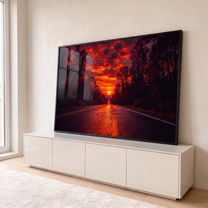 Estrada molhada entre árvores rumo ao sol no horizonte sob céu vermelho em chamas, quadro decorativo
