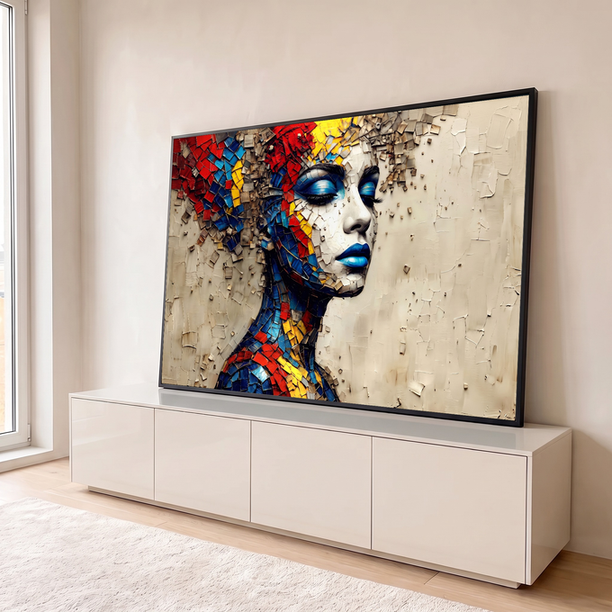 Rosto de mulher de olhos fechados e lábios azuis se desfazendo em mosaico colorido, quadro decorativo