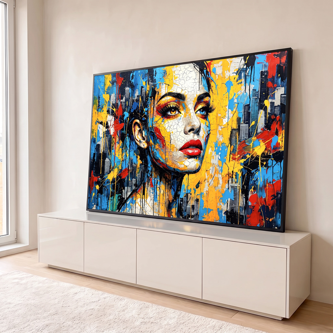Rosto de mulher craquelado com lábios vermelhos, respingos amarelos e prédios ao fundo, quadro decorativo