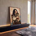 Quadro Decorativo Grande Mulher Dormindo Bege para Sala | quadros decorativos para sala | mulher adormecida sobre pilha de livros antigos em tons pastéis | em Quadros para Sala | Porao dos Quadros