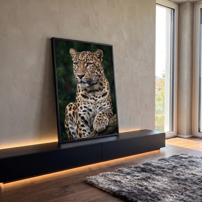 Leopardo de olhos azuis sentado em galho com fundo de floresta verde, pintura realista, quadro decorativo