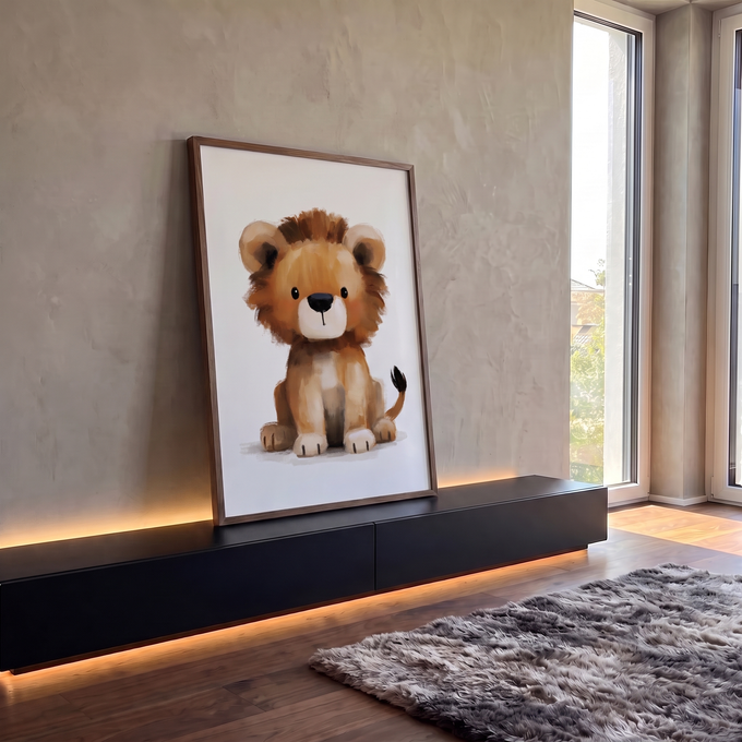 Filhote de leão fofo sentado em pinceladas suaves caramelo sobre fundo claro, quadro decorativo