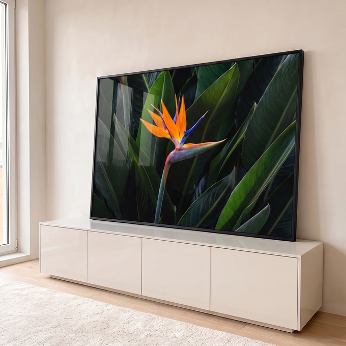 Quadro Decorativo Grande Flor Ave do Paraíso para Sala | quadros decorativos para sala | flor ave do paraíso laranja e azul entre folhas verdes tropicais em close-up | em Quadros para Sala | Porao dos Quadros