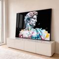 Quadro Decorativo Grande Busto Clássico para Sala Branco | quadros decorativos para sala | busto de mármore clássico coberto de respingos de tinta azul rosa e amarela sobre fundo preto | em Quadros para Sala | Porao dos Quadros