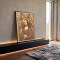 Quadro Decorativo Grande Mona Lisa para Sala Dourado | quadros decorativos para sala | retrato estilizado de mulher com cabelos longos, auréola floral de lírios e papoulas | em Quadros para Sala | Porao dos Quadros