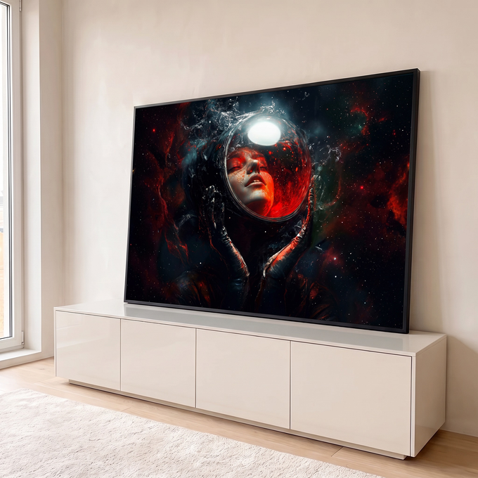 Mulher de olhos fechados em capacete espacial refletindo nebulosa vermelha no espaço, quadro decorativo