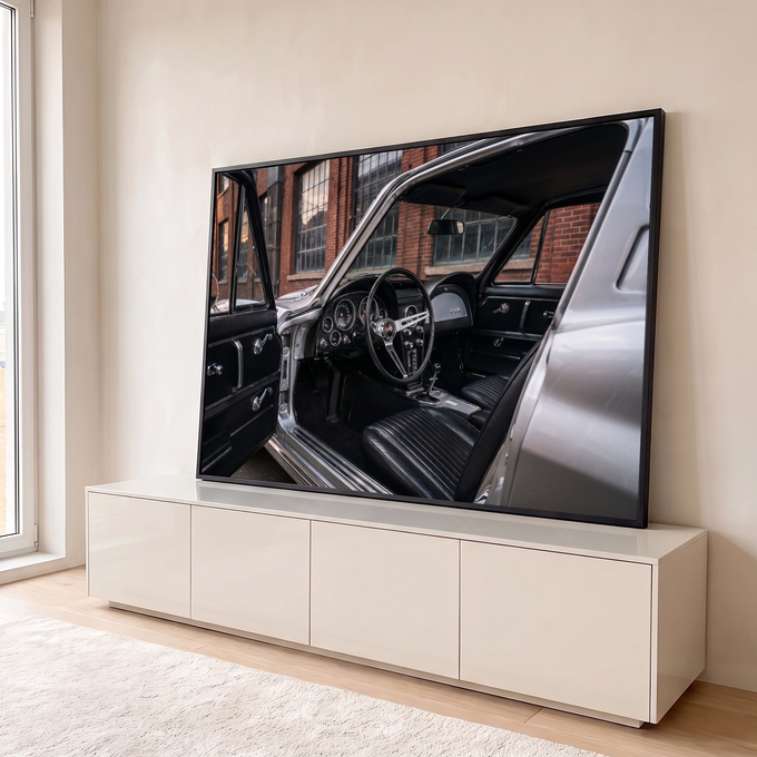 Interior de carro esportivo clássico prata com volante cromado e bancos de couro preto, quadro decorativo