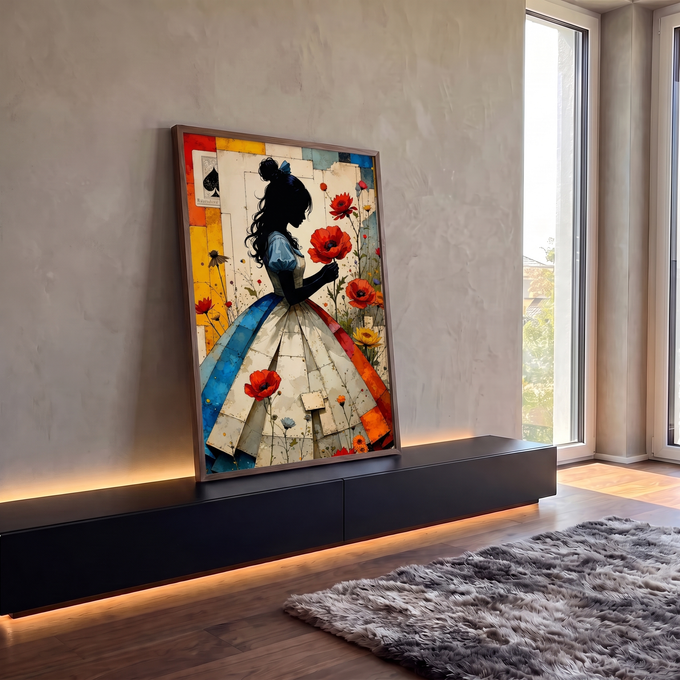 Silhueta de Alice com vestido azul segurando papoula vermelha em colagem floral, quadro decorativo