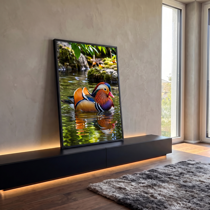 Pato mandarim de plumagem laranja e azul nadando em lagoa verde com reflexo na água, quadro decorativo