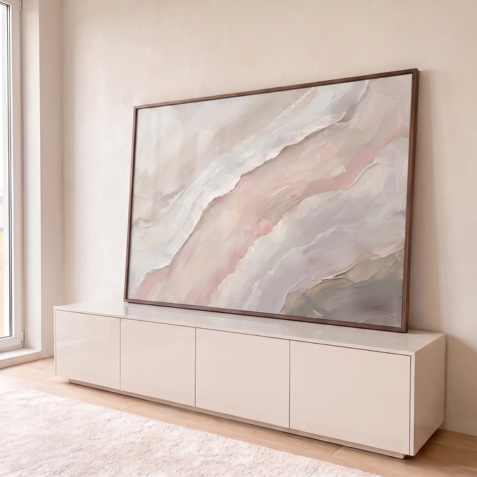 Quadro Decorativo Grande Abstrato para Sala Bege | quadros decorativos para sala | pintura abstrata em tons de bege, rosa e branco com textura de pinceladas diagonais | em Quadros para Sala | Porao dos Quadros