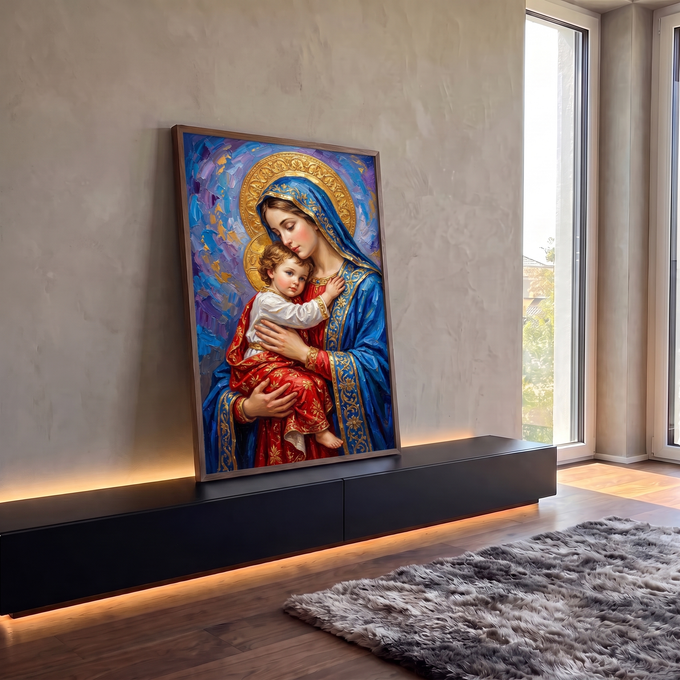 Quadro Decorativo Grande Nossa Senhora Véu para Sala Azul | quadros decorativos para sala | Nossa Senhora de véu azul e dourado abraçando o Menino Jesus vestido de vermelho | em Quadros para Sala | Porao dos Quadros