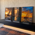 Quadro Decorativo Kit 3 Telas Veleiros para Sala Laranja | quadros decorativos para sala | três veleiros navegando ao pôr do sol entre ondas e penhascos rochosos | em Quadros para Sala | Porao dos Quadros