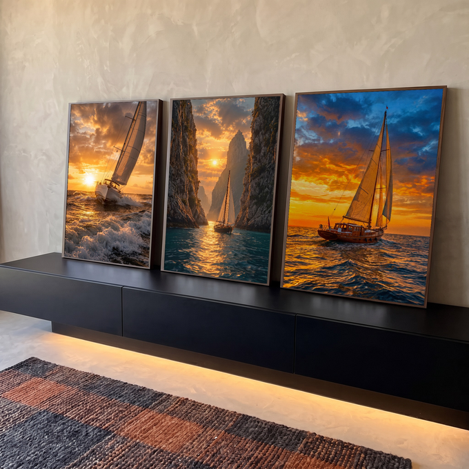 Quadro Decorativo Kit 3 Telas Veleiros para Sala Laranja | quadros decorativos para sala | três veleiros navegando ao pôr do sol entre ondas e penhascos rochosos | em Quadros para Sala | Porao dos Quadros