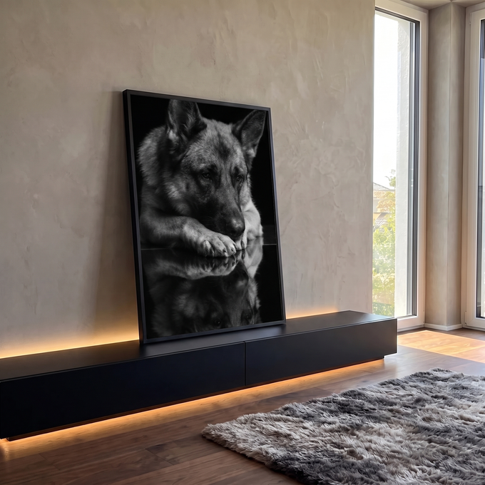 Pastor alemão deitado com a cabeça sobre as patas e reflexo em fundo preto, foto P&B, quadro decorativo