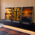 Quadro Decorativo Kit 3 Telas Cristo na Cruz para Sala | quadros decorativos para sala | tríptico com Cristo crucificado ao centro, veleiro e pessoa no cume ao pôr do sol | em Quadros para Sala | Porao dos Quadros