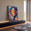 Quadro Decorativo Grande Mulher Vendada para Sala Azul | quadros decorativos para sala | retrato de mulher com venda colorida em pintura texturizada de cores vibrantes | em Quadros para Sala | Porao dos Quadros