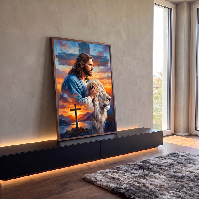 Quadro Decorativo Grande Jesus com Leão Laranja para Sala | quadros decorativos para sala | homem de manto azul com a mão sobre leão branco diante de pôr do sol e cruz | em Quadros para Sala | Porao dos Quadros