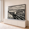 Litografia O Grito de Munch em preto e branco, figura na ponte sob céu ondulado, quadro decorativo