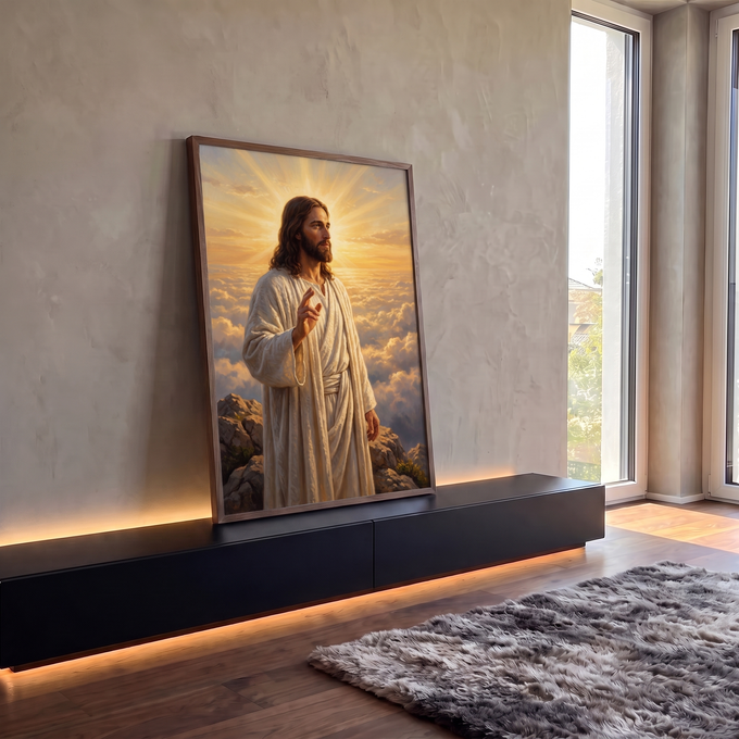 Quadro Decorativo Grande Jesus Cristo para Sala Branco | quadros decorativos para sala | Jesus Cristo de manto branco abençoando diante de sol dourado e nuvens | em Quadros para Sala | Porao dos Quadros