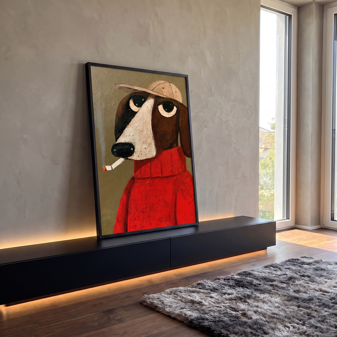 Quadro Decorativo Cachorro de Boné e Casaco Vermelho Fumando | quadros decorativos para sala | cachorro ilustrado com boné bege e casaco vermelho fumando um cigarro | em Quadros para Sala | Porao dos Quadros
