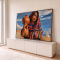 Quadro Decorativo Mulher com Cântaro de Barro e Xale | quadros decorativos para sala | mulher com xale colorido carregando cântaro de barro, fundo com igreja e montanhas | em Quadros para Sala | Porao dos Quadros