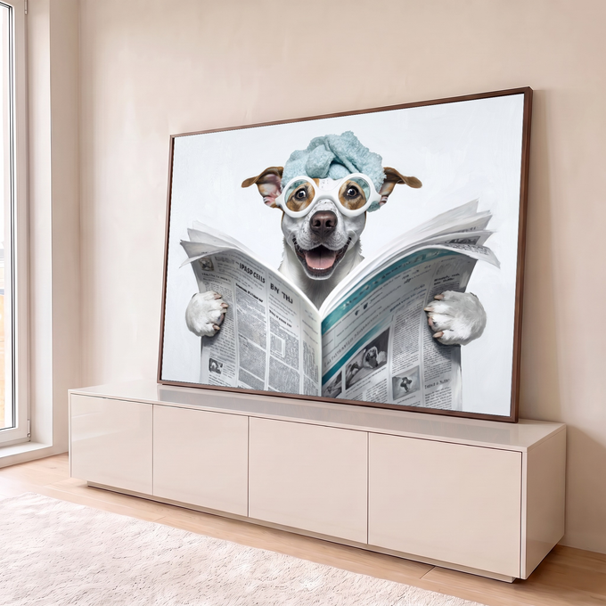 Cachorro sorridente com toalha azul na cabeça e óculos brancos lendo jornal, quadro decorativo