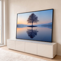 Quadro Decorativo Grande Árvore Solitária Azul para Sala | quadros decorativos para sala | árvore solitária sem folhas refletida simetricamente em lago calmo ao entardecer | em Quadros para Sala | Porao dos Quadros