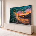 Quadro Decorativo Grande Onda do Mar para Sala Verde | quadros decorativos para sala | túnel de onda verde-azulada com Golden Gate Bridge ao pôr do sol | em Quadros para Sala | Porao dos Quadros